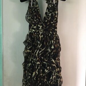 Calvin Klein Leopard Cheetah Ruffle Halter Backless Cocktail Sexy V-Neck Dress 0